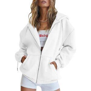 Women's Casual White Zip Up Pocket Fleece Sweatshirts Hoodies Jacket Oversized